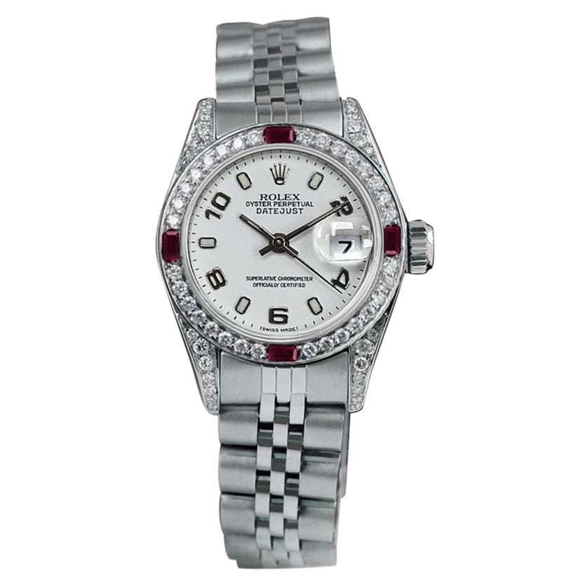 Rolex Datejust White Dial Diamond & Ruby Bezel Stainless Steel Watch For Sale