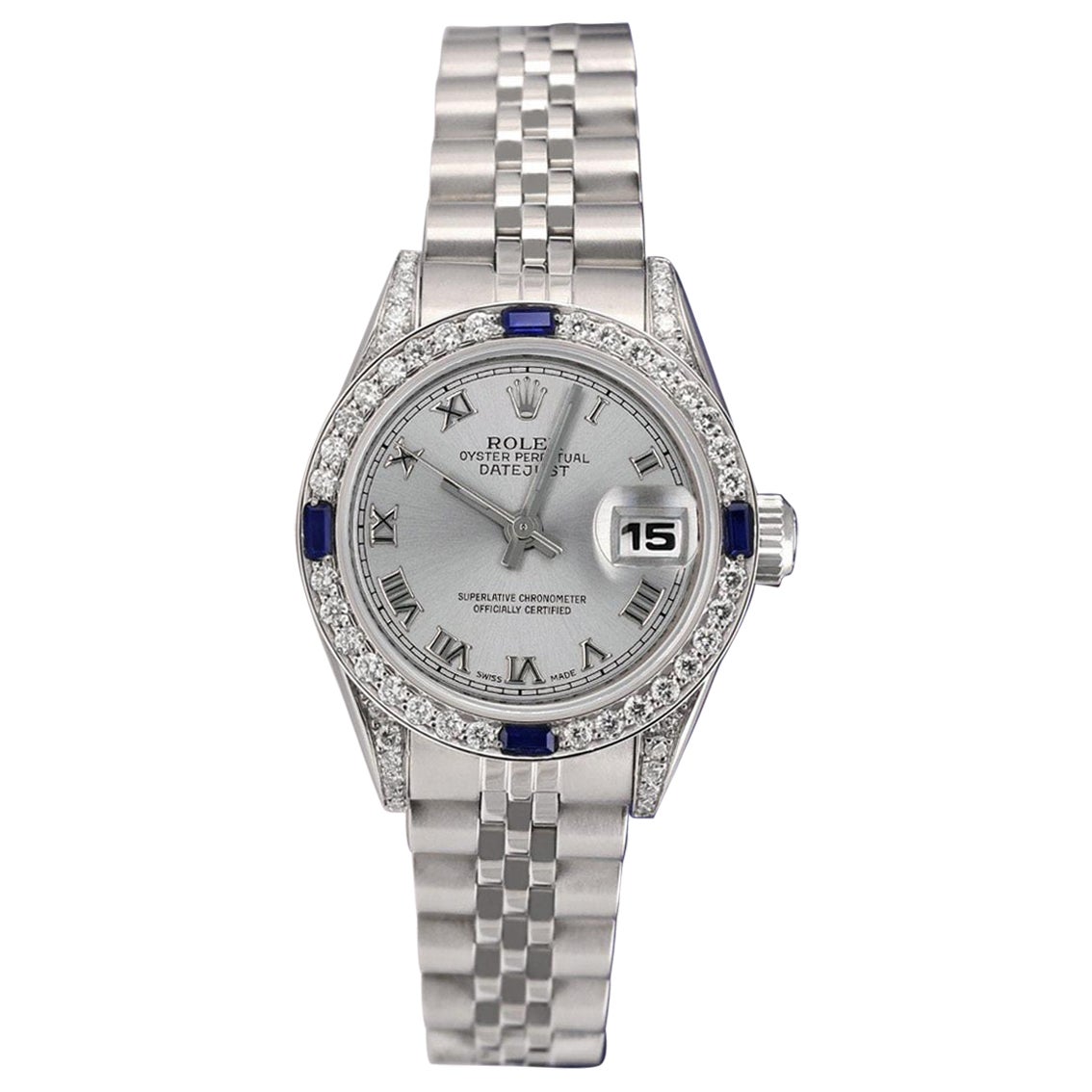 Rolex Datejust Silver Roman Dial Diamond + Sapphire Stainless Steel Watch For Sale