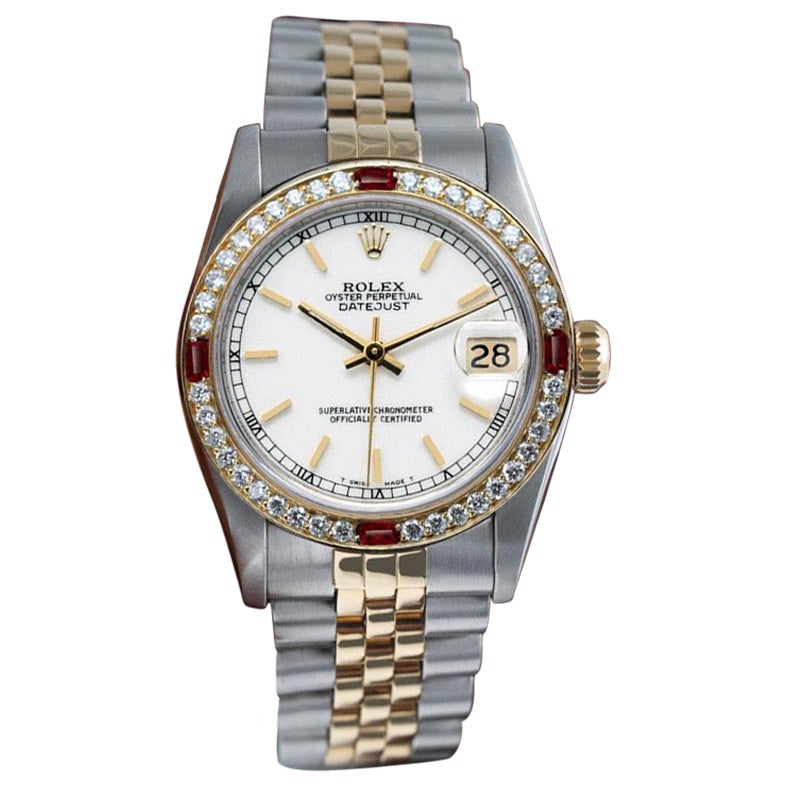 Women's Rolex Datejust White Stick Dial Diamond & Ruby Bezel Two Tone Watch For Sale