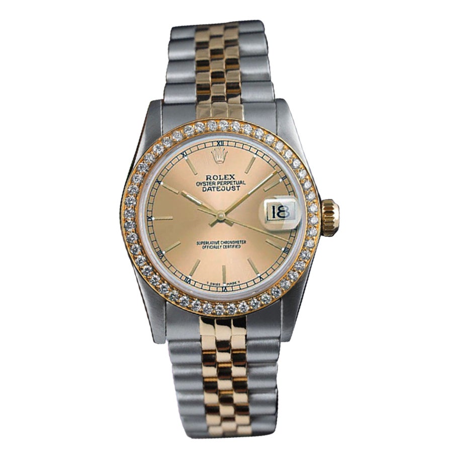 Women's Rolex Datejust with Diamond Bezel & Champagne Dial Two Tone Watch For Sale