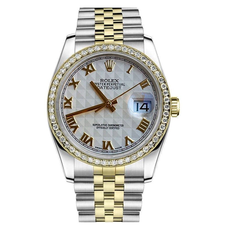 Rolex Datejust Diamond Bezel Cream Pyramid Roman Dial Two Tone Watch For Sale