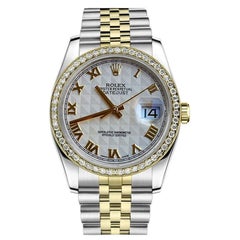 Retro Rolex Datejust Diamond Bezel Cream Pyramid Roman Dial Two Tone Watch