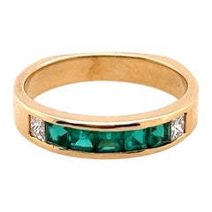 Retro Gold 1.3 Carat Natural Green Emerald and Colorless Diamond Band Circa 1980