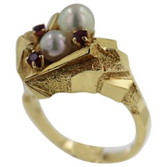 Retro Mikimoto Cultured Pearl, Ruby, 18k Yellow Gold Nugget Style Ring