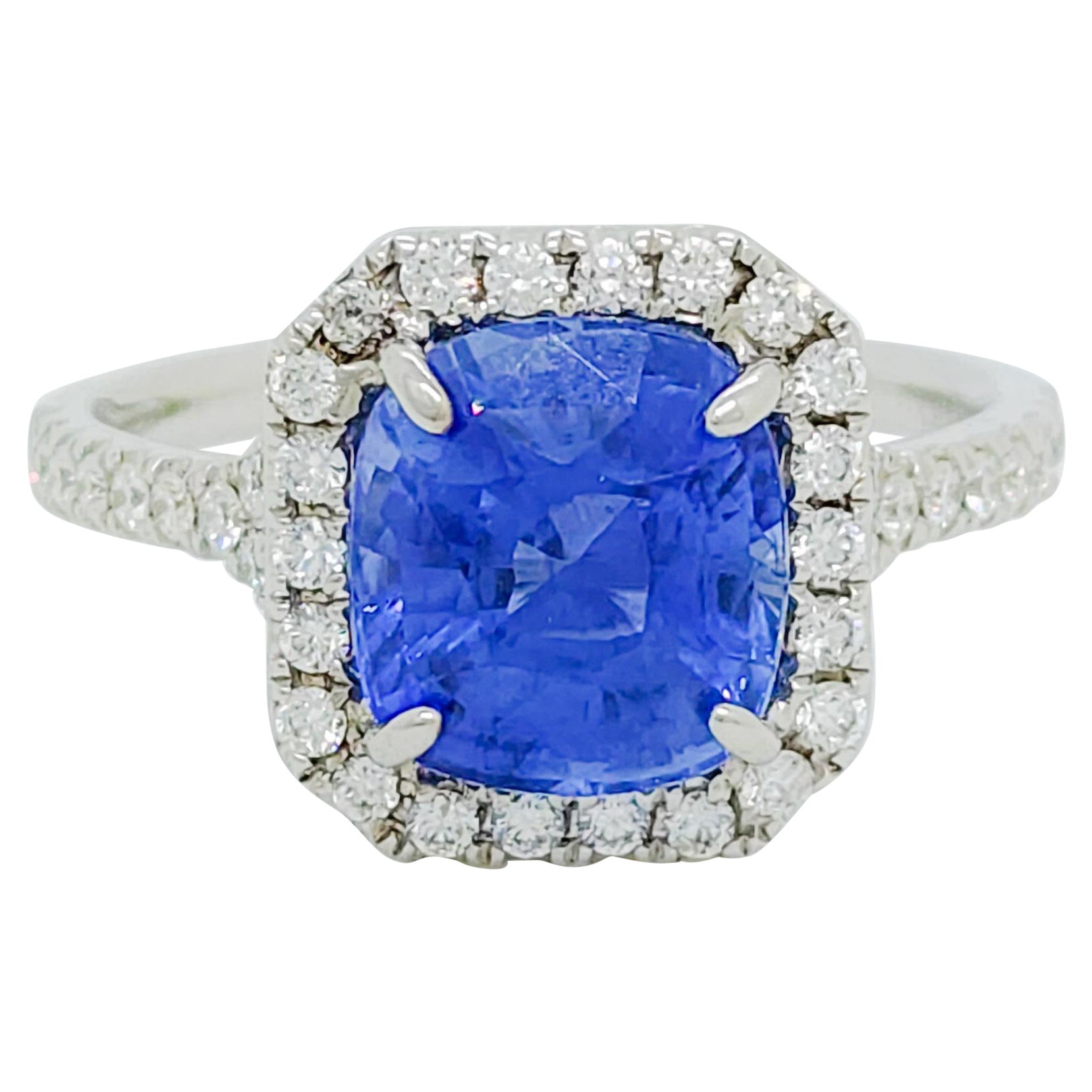 GIA Blue Sapphire Oval and White Diamond Ring in 14k White Gold For Sale at 1stDibs