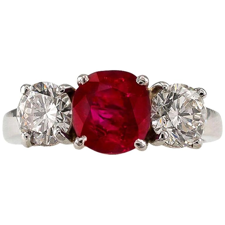 Unheated Burma Ruby Diamond Platinum Three-Stone Ring For Sale at 1stdibs