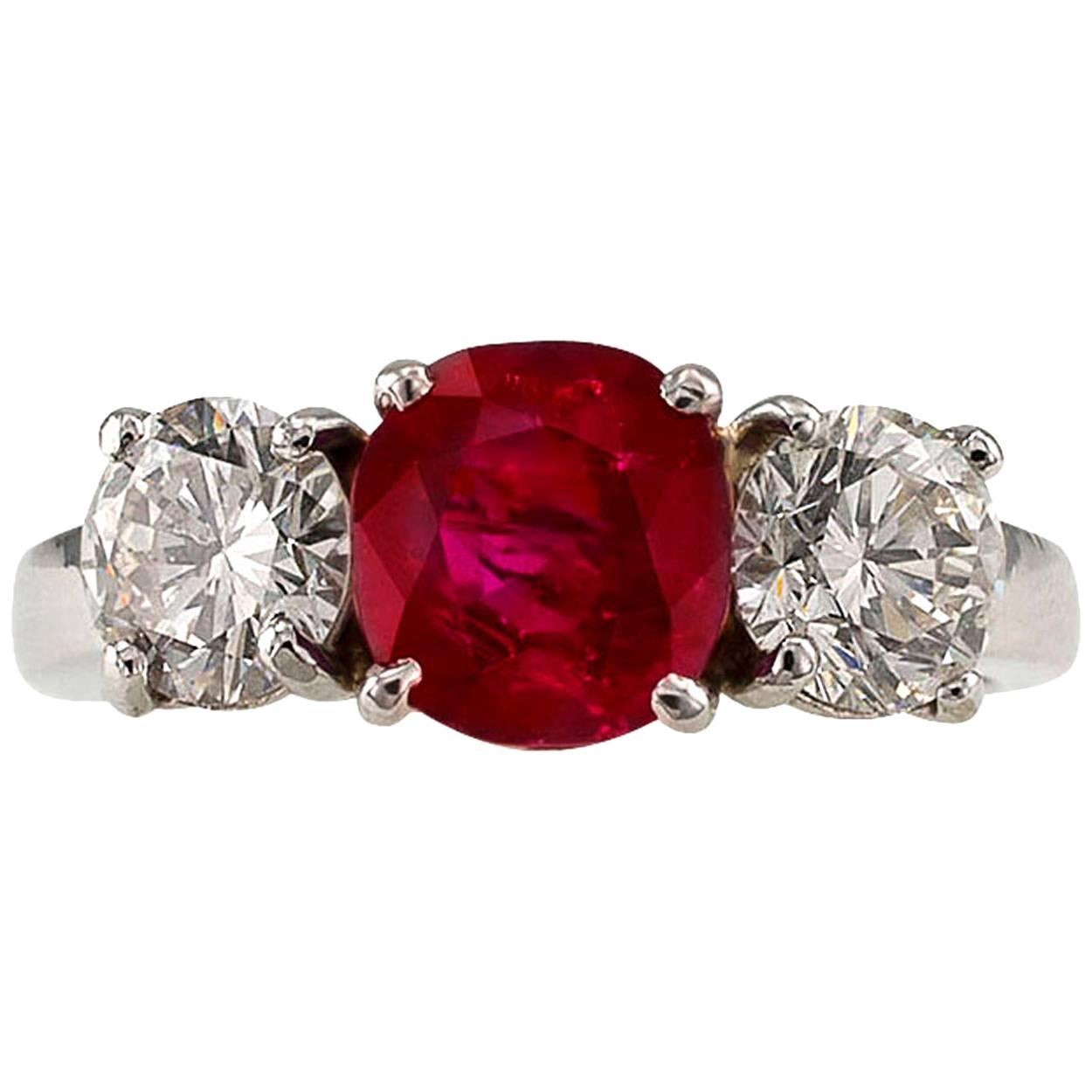 Unheated Burma Ruby Diamond Platinum Three-Stone Ring