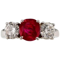 Unheated Burma Ruby Diamond Platinum Three-Stone Ring