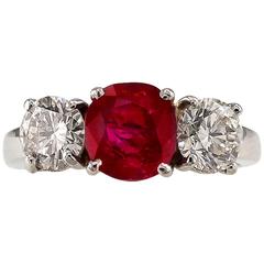 Unheated Burma Ruby Diamond Platinum Three-Stone Ring 12