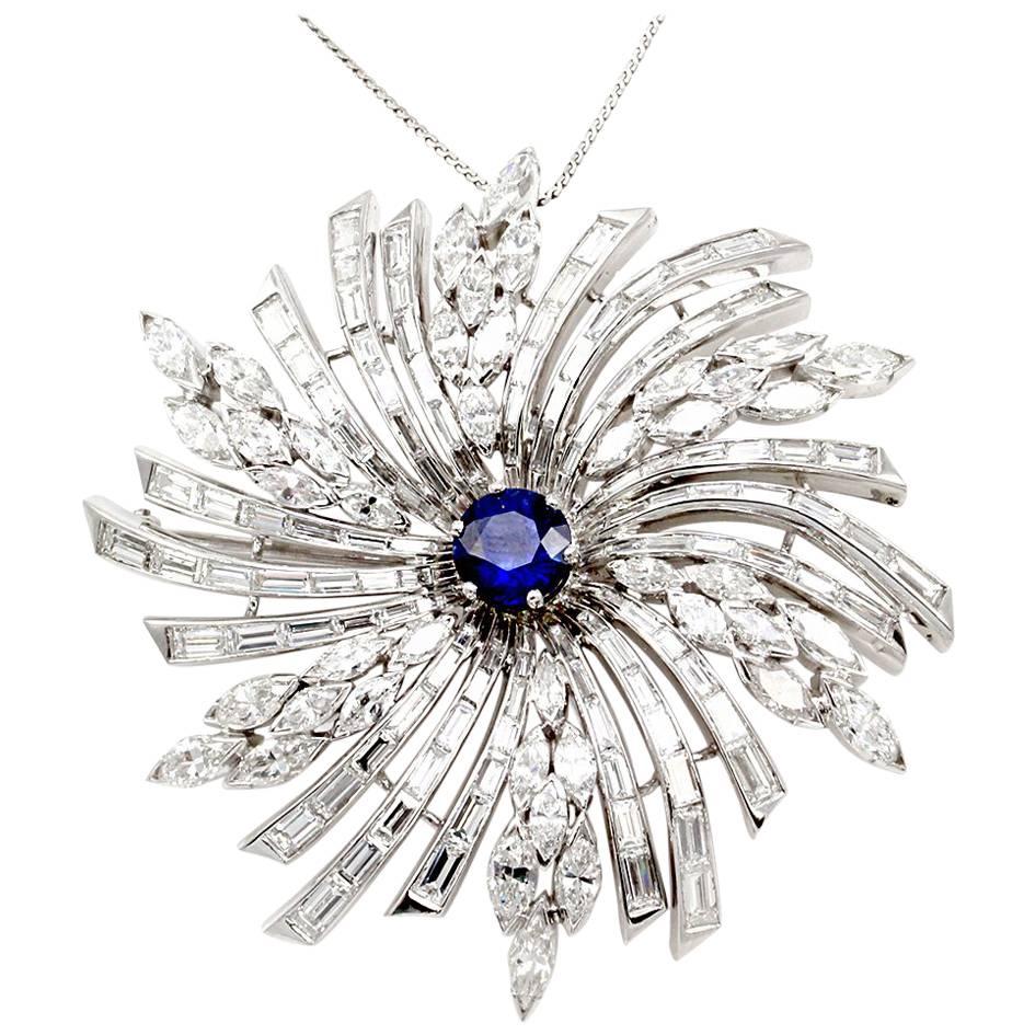 Diamond Starburst Sapphire Diamond Pin Brooch Pendant  For Sale