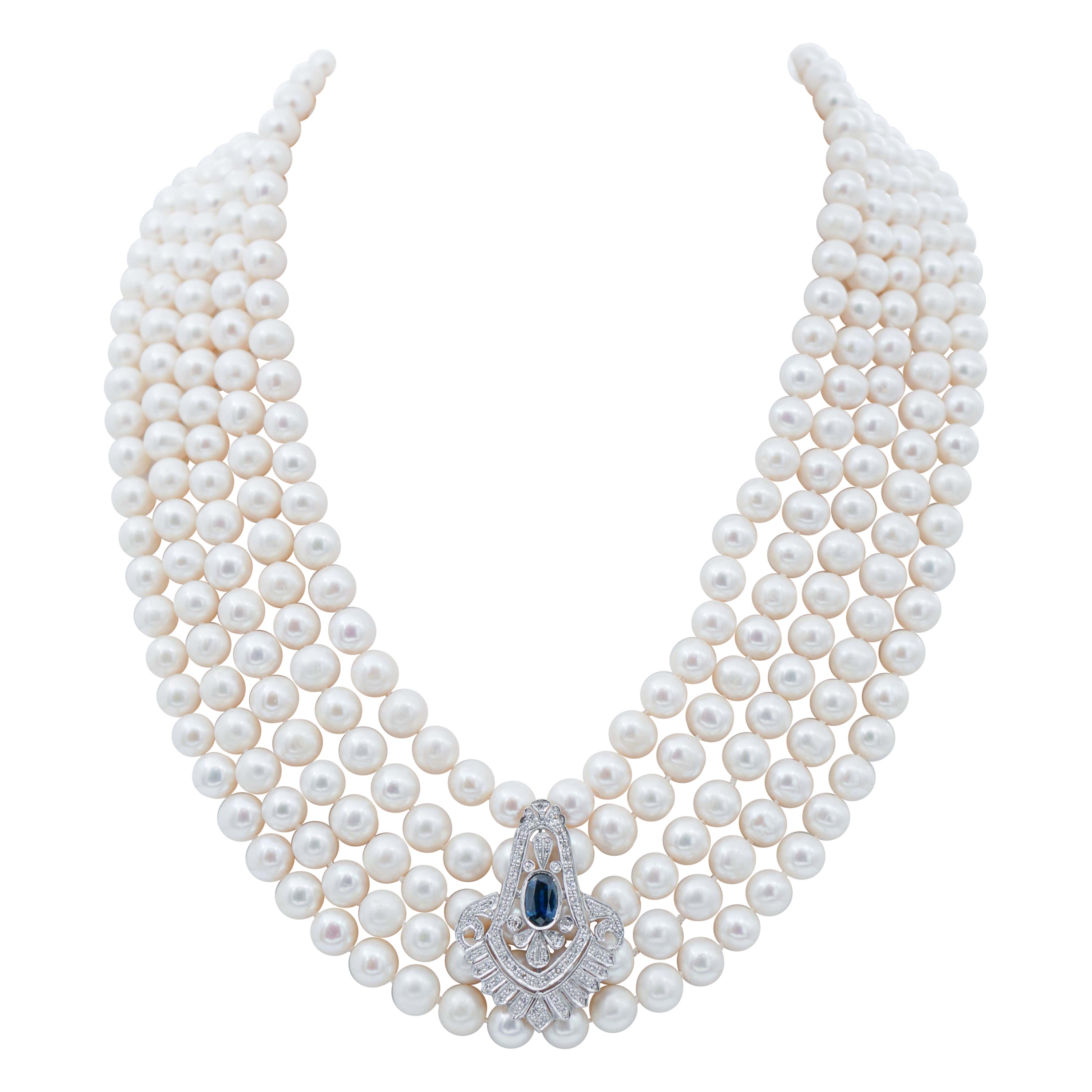 Pearls, Sapphires, Diamonds, Platinum Multistrands Necklace For Sale