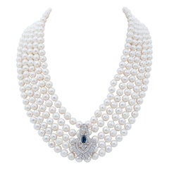 Retro Pearls, Sapphires, Diamonds, Platinum Multistrands Necklace