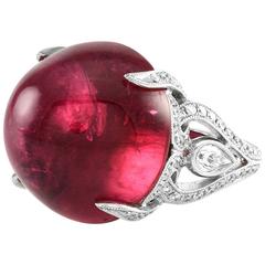 Cabochon Pink Tourmaline Pavé Diamonds Gold Ring 2