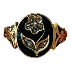 Antique Black Enamel Rose Cut Diamond Forget Me Not Ring in Gold