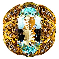 Gelbgold-Cocktailring im Art-déco-Stil mit 9,17 Karat weißem Diamant-Aquamarin