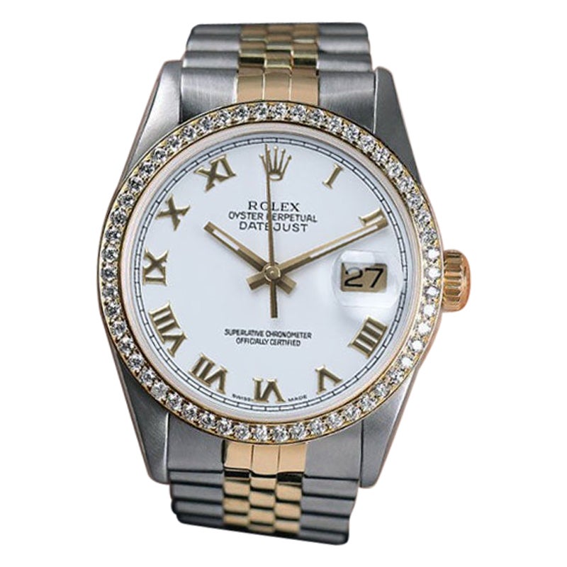 Rolex Datejust, montre bicolore avec lunette en diamants et cadran romain crème anniversaire en vente