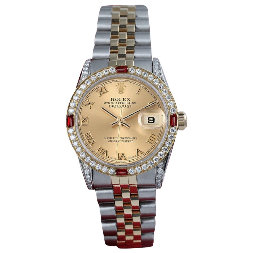 Rolex Datejust Champagne Roman Dial Diamond Bezel and Lugs Two Tone Watch For Sale