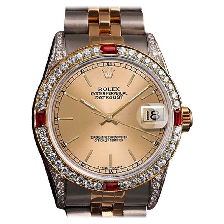 Rolex Datejust Champagne Dial Diamond Lugs Ruby and Diamond Bezel Watch For Sale