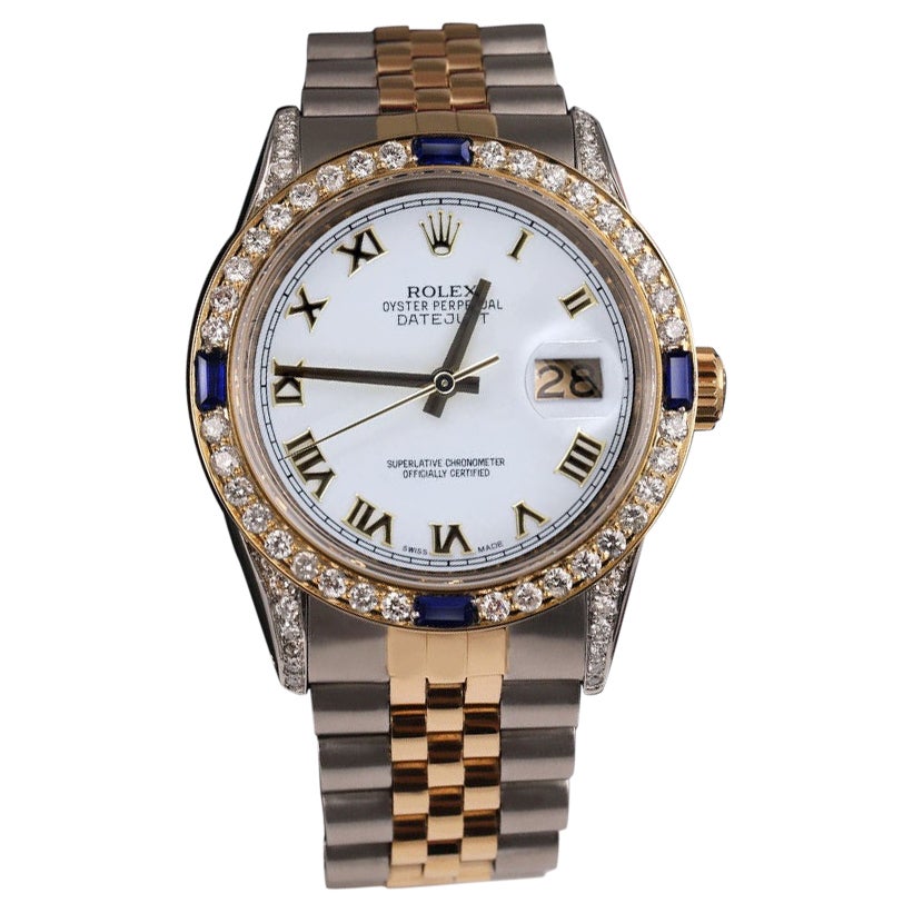 Rolex Datejust White Roman Dial Two Tone Watch with Blue Sapphires  For Sale