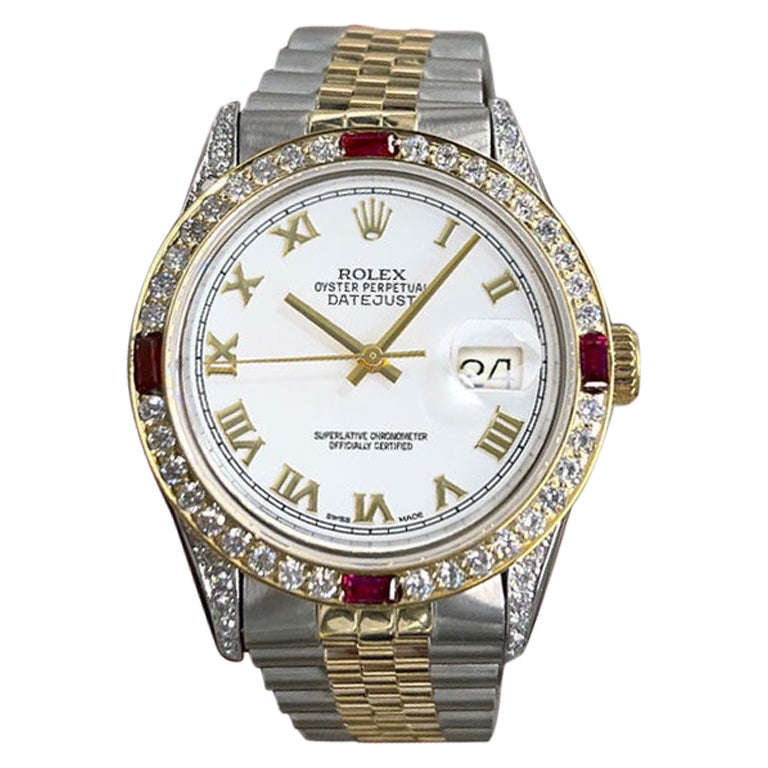 Rolex Datejust 36mm Weißes Römisches Zifferblatt Diamanten Lugs/Lünette Diamant und Rubin Uhr im Angebot
