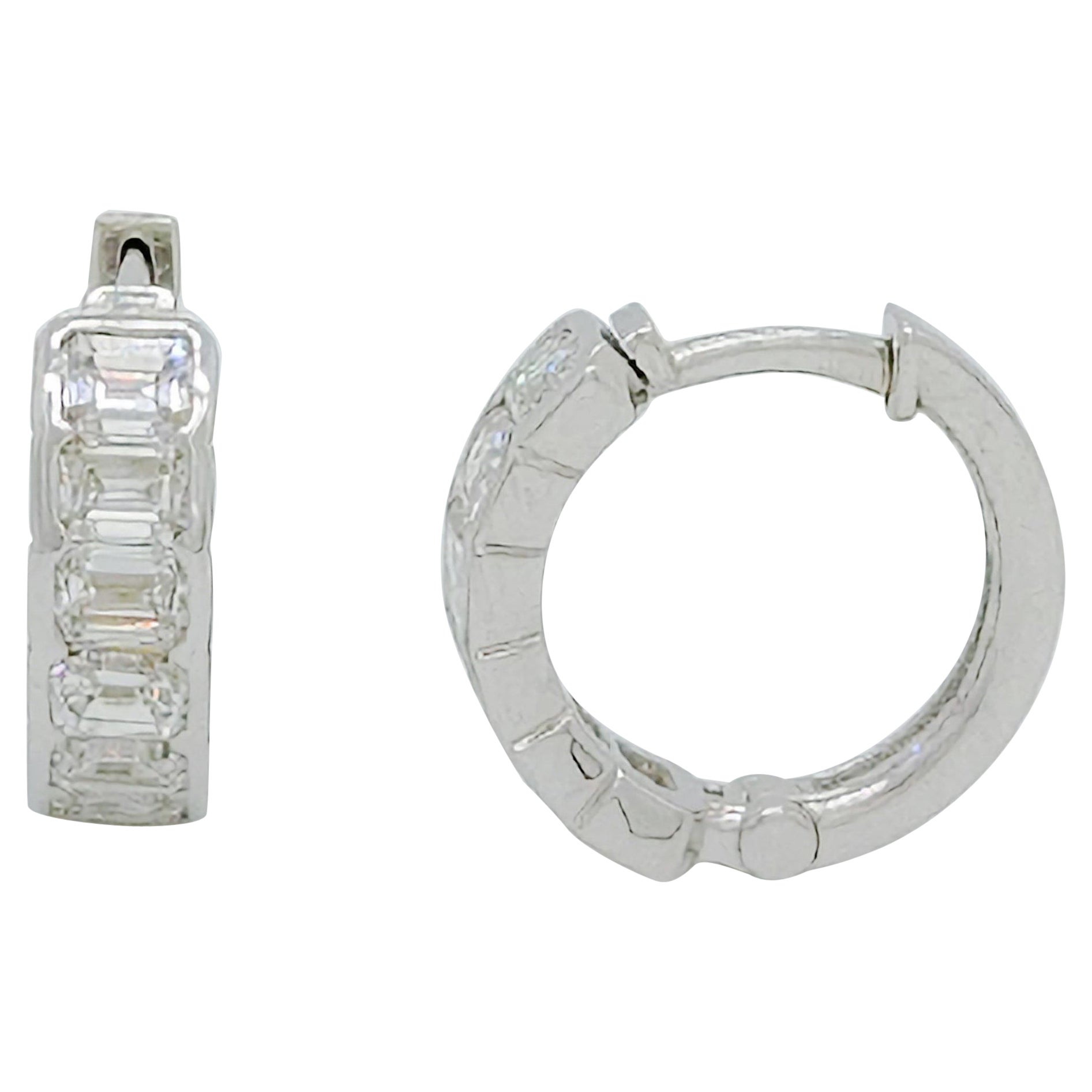 Emerald Cut White Diamond Huggie Hoop Earrings in 18k White Gold