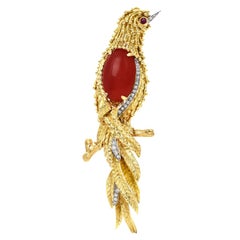 Diamond Red Coral Ruby 18k Yellow Gold Quetzal Bird Brooch Pin
