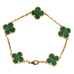 Van Cleef & Arpels Bracelet vintage à 5 motifs en or jaune et malachite Alhambra