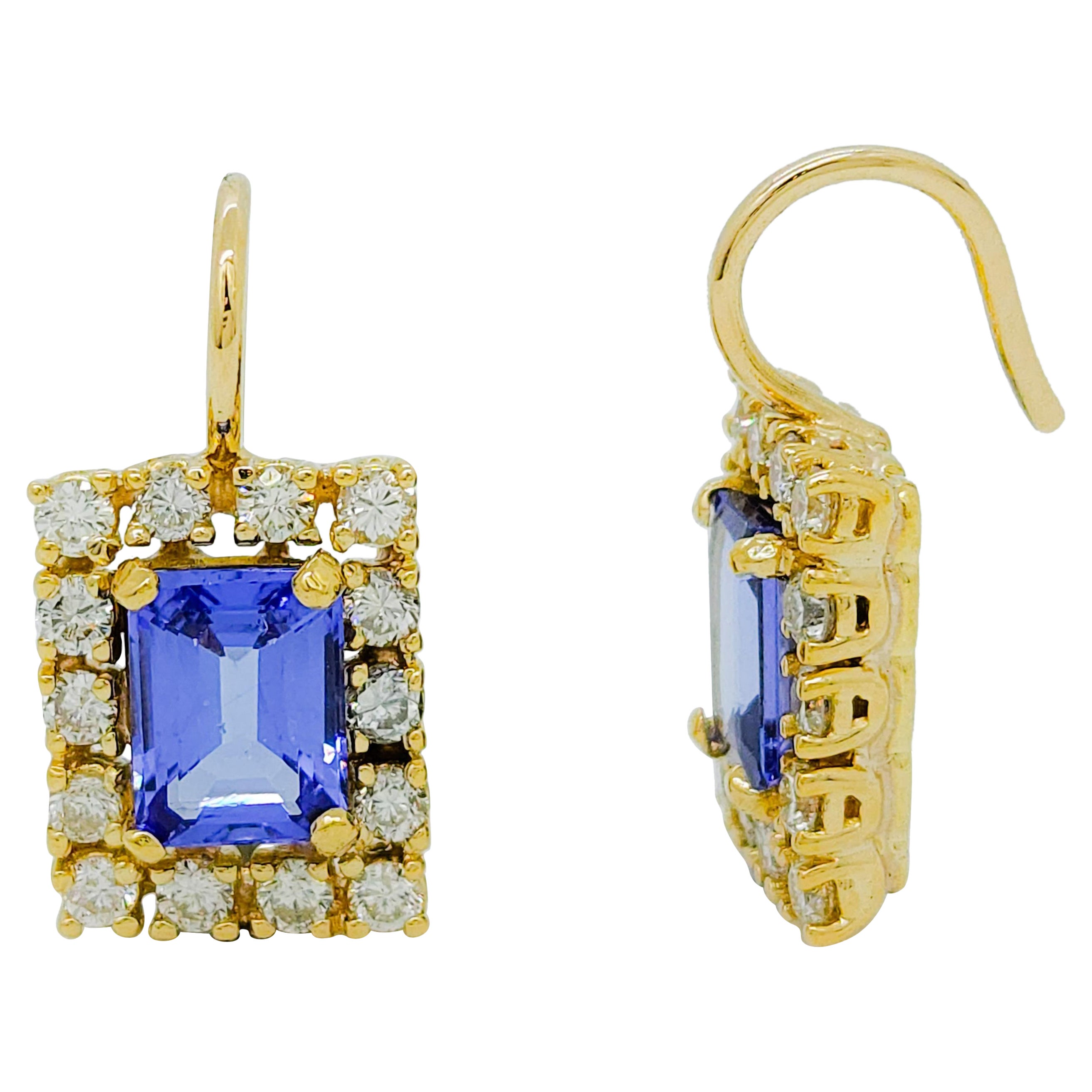 Tanzanite and White Diamond Dangle Earrings in 18k Yellow Gold For Sale