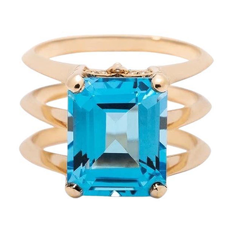 5.8 Carat Emerald Cut Blue Topaz Yellow Gold Triple Band Ring