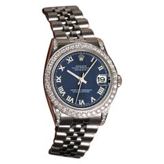 Rolex Datejust Custom Diamond Bezel & Lugs Blue Roman Dial Steel Watch