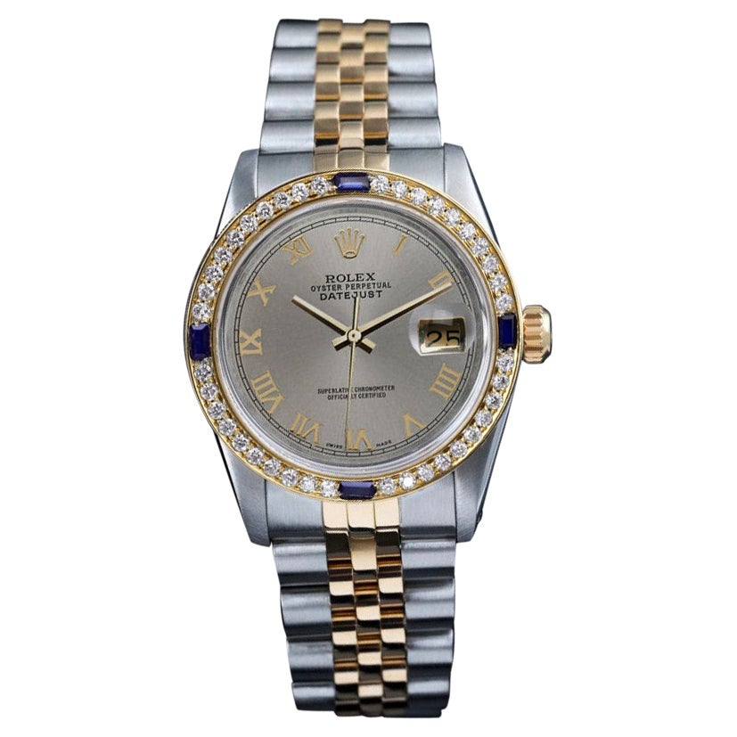 Ladies Rolex Datejust Sapphire Diamond Bezel Grey Roman Dial Two Tone Watch For Sale