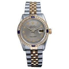 Ladies Rolex Datejust Sapphire Diamond Bezel Grey Roman Dial Two Tone Watch