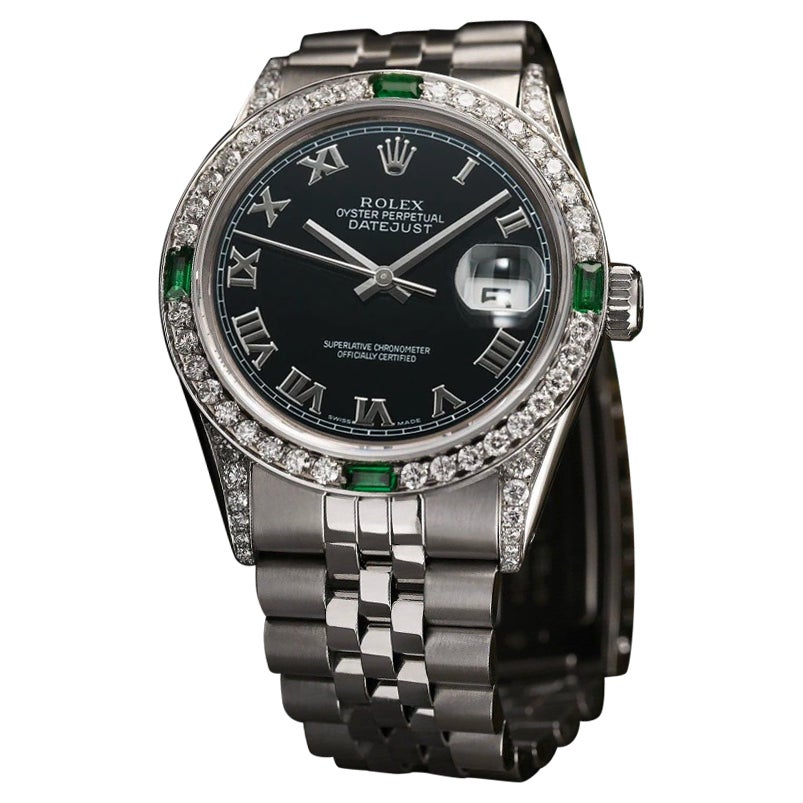 Rolex Datejust Black Roman Dial Diamond/Emerald Bezel Stainless Steel Watch