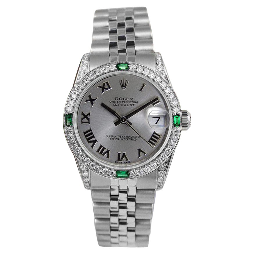 Rolex Datejust Silver Roman Dial Emerald & Diamond Bezel/Lugs Steel Watch For Sale