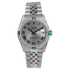 Vintage Rolex Datejust Silver Roman Dial Emerald & Diamond Bezel/Lugs Steel Watch