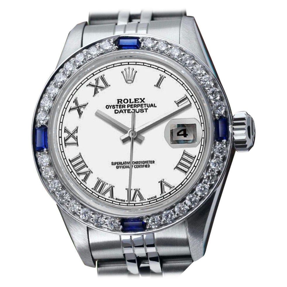 Rolex Datejust White Roman Dial Stainless Steel Ladies Watch with Sapphires For Sale