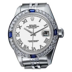 Retro Rolex Datejust White Roman Dial Stainless Steel Ladies Watch with Sapphires