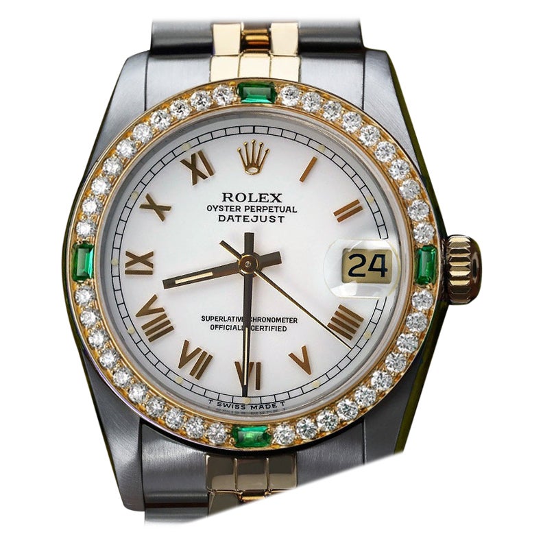 Rolex Datejust Diamond Bezel with Emeralds White Roman Dial Two Tone Watch For Sale