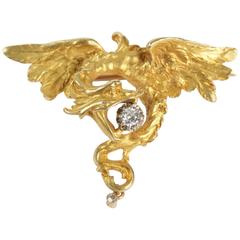 1900s French Diamond Gold Chimere Dragon Brooch