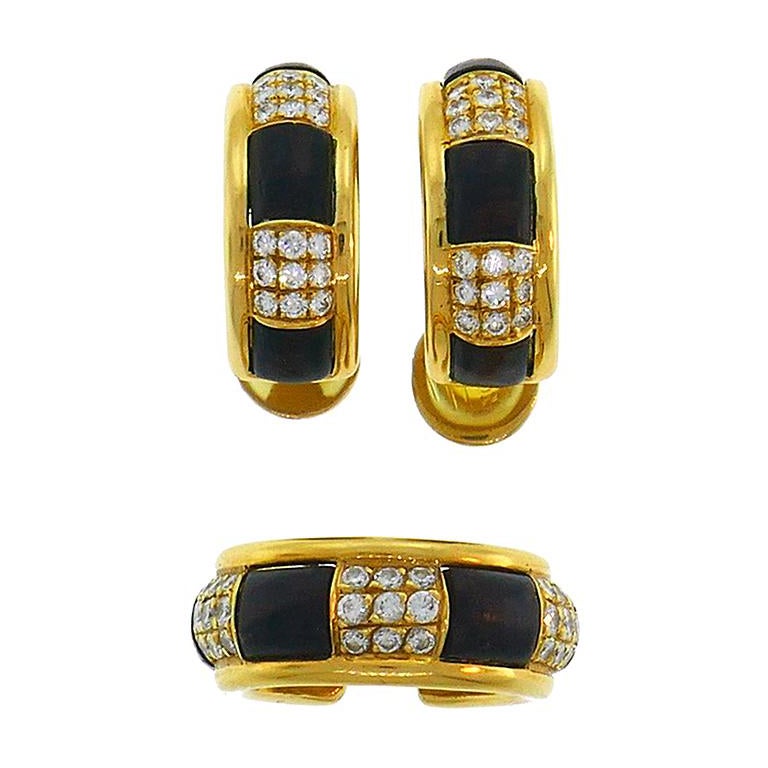 Vintage Boucheron Wood Ring Earrings Set 18k Gold Estate Jewelry