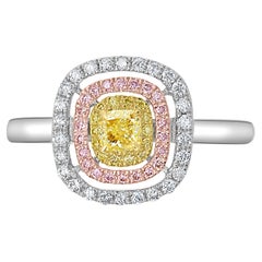 0.27 Carat Yellow Diamond Solitaire with Yellow, Pink and White Diamond Halos
