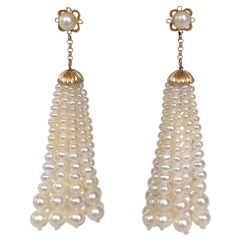 Marina J. Pearl and Solid 14k Yellow Gold Tassel Earrings For Sale at