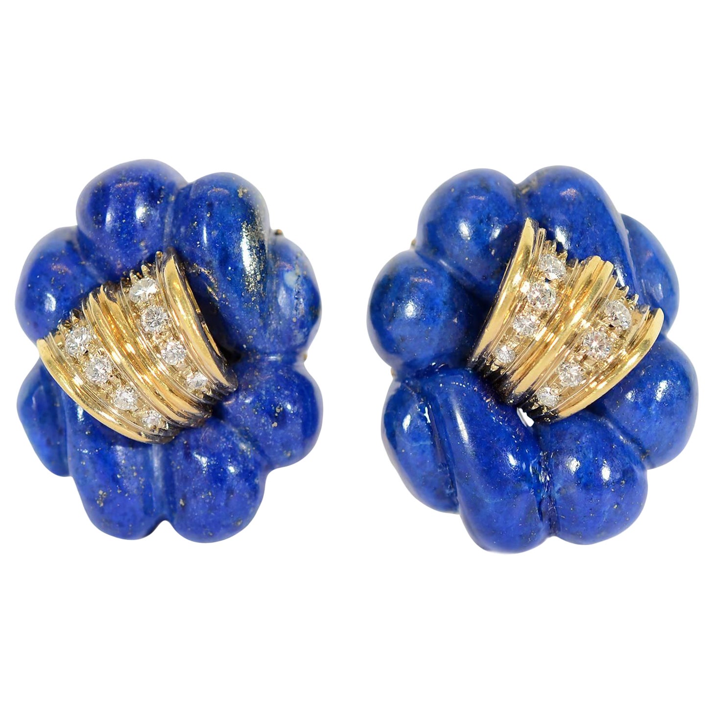 Carved Lapis Diamond Gold Earrings For Sale