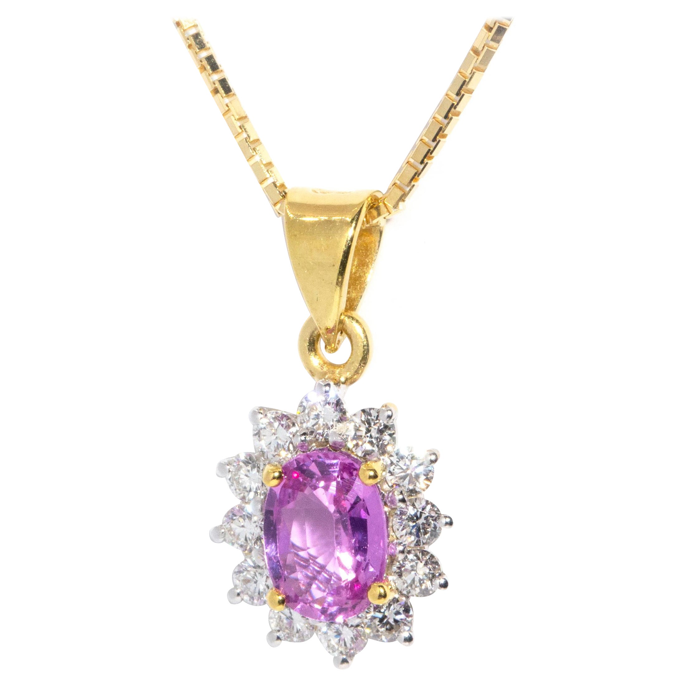 Vintage 1980s 18 Carat Gold Oval Pink Sapphire & Diamond Pendant & Fine Chain For Sale