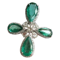 Set in 18k Gold, 6.76 Carats Zambian Emerald & Rose Cut Diamonds Cocktail Ring