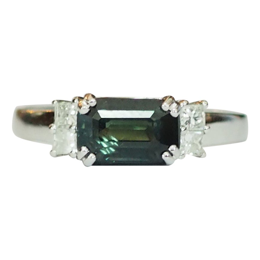 ICA 18k White Gold No-Heat 2.18 Carat Thailand Teal Sapphire & Diamond Fine Ring