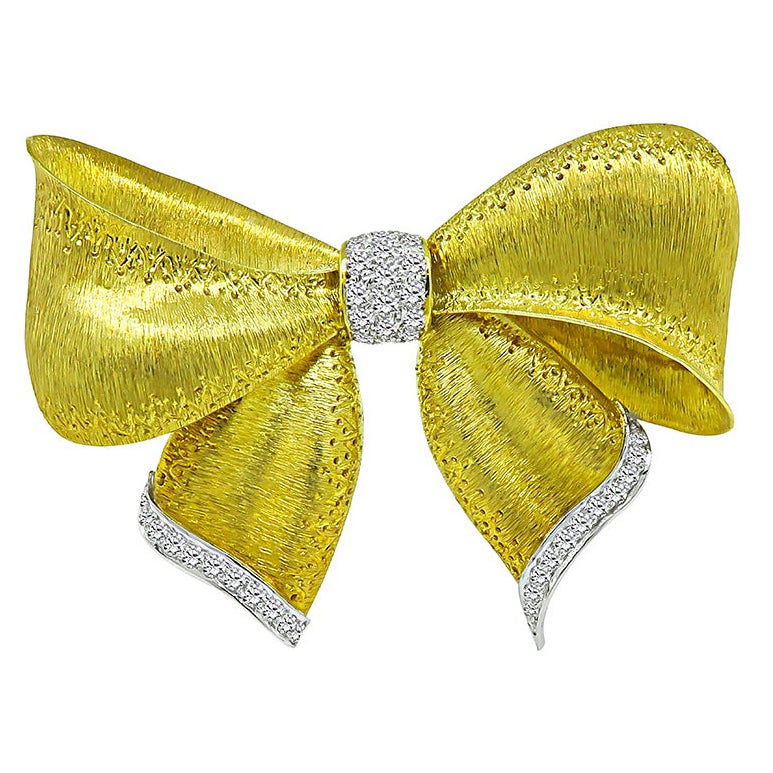 2.00 Carat Diamond Gold Bow Pin For Sale