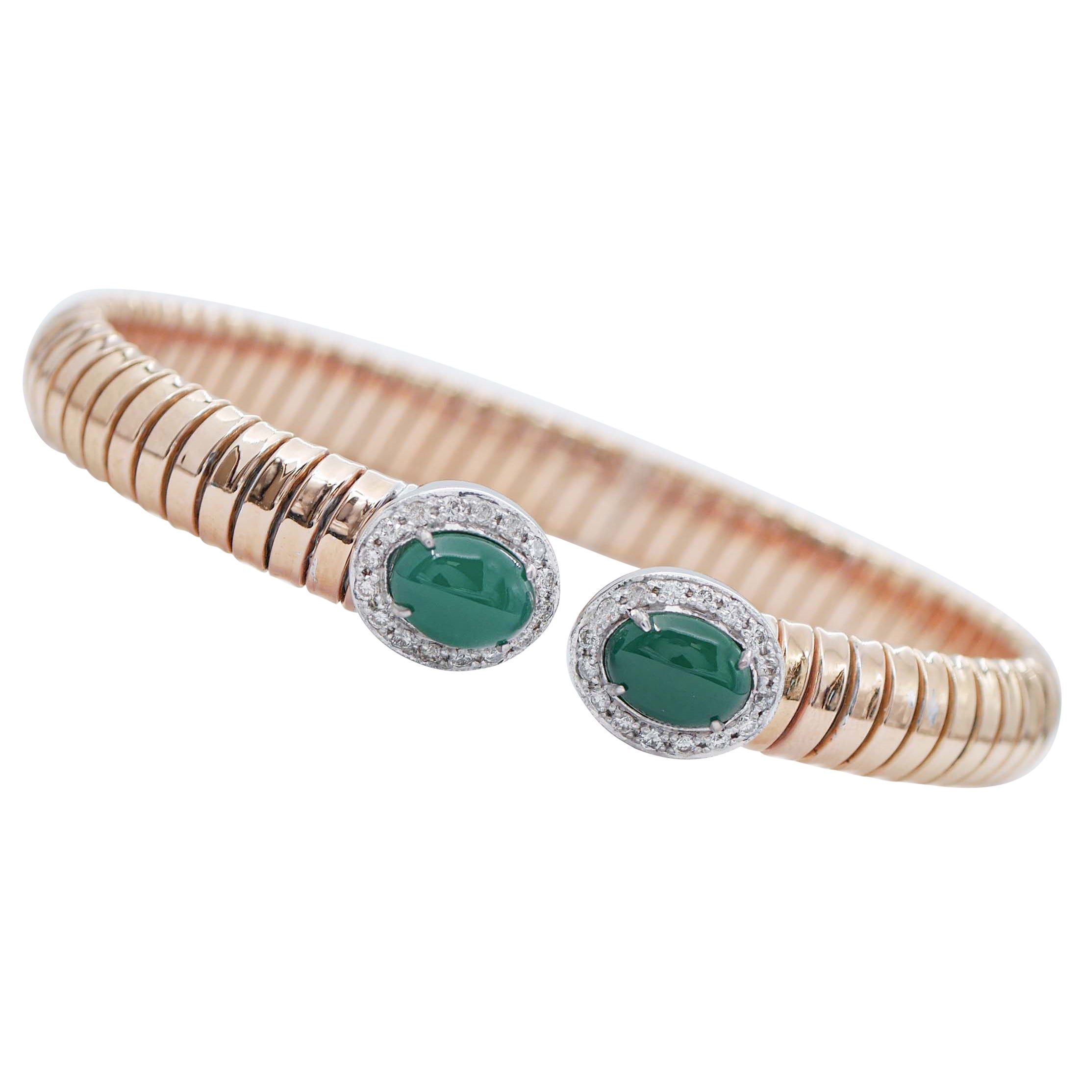 Green Agate , Diamonds, 18 Karat Rose and White Gold Tubogas Bracelet For Sale