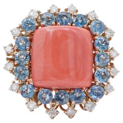 Coral, saphirs, diamants, bague Retrò en or rose 14 carats