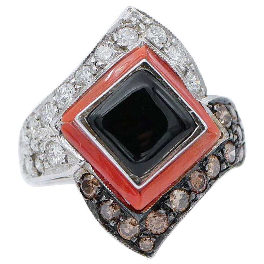 Coral, Onyx, White and Brown Diamonds, 14 Karat White Gold Ring For Sale